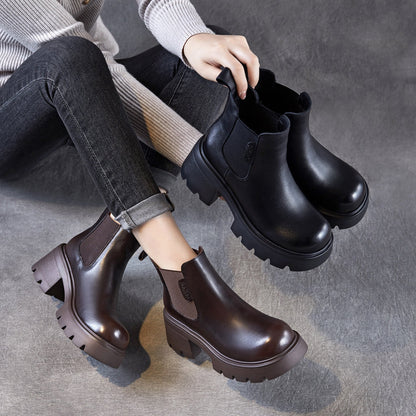 Women's Plain Leather Chunky Heel Slip-on Ankle Boots