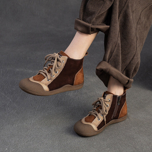 Women's Vintage Color Leather Flat Ankle Boots