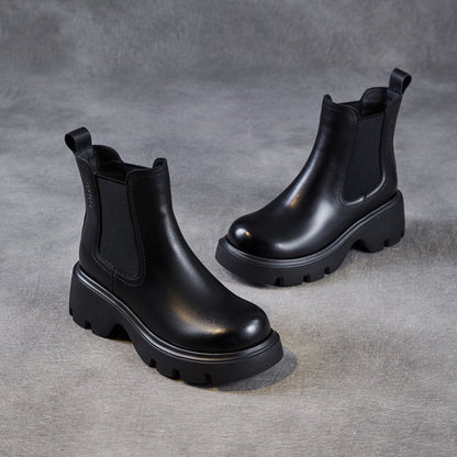 Women's Retro Leather Slip-on Platform Ankle Boots