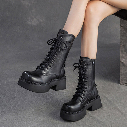 Women's Vintage Leather Platform Mid-Calf Boots