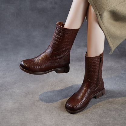 Women's Vintage Woven Embossing Leather Mid-Calf Boots