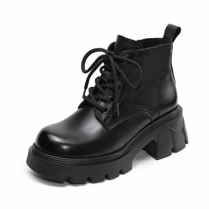 Women's Cowhide Leather Chunky Heel Ankle Boots-RAIIFY