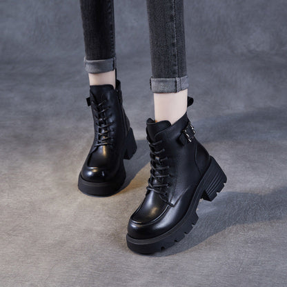 Women's Vintage Buckle Leather Platform Boots