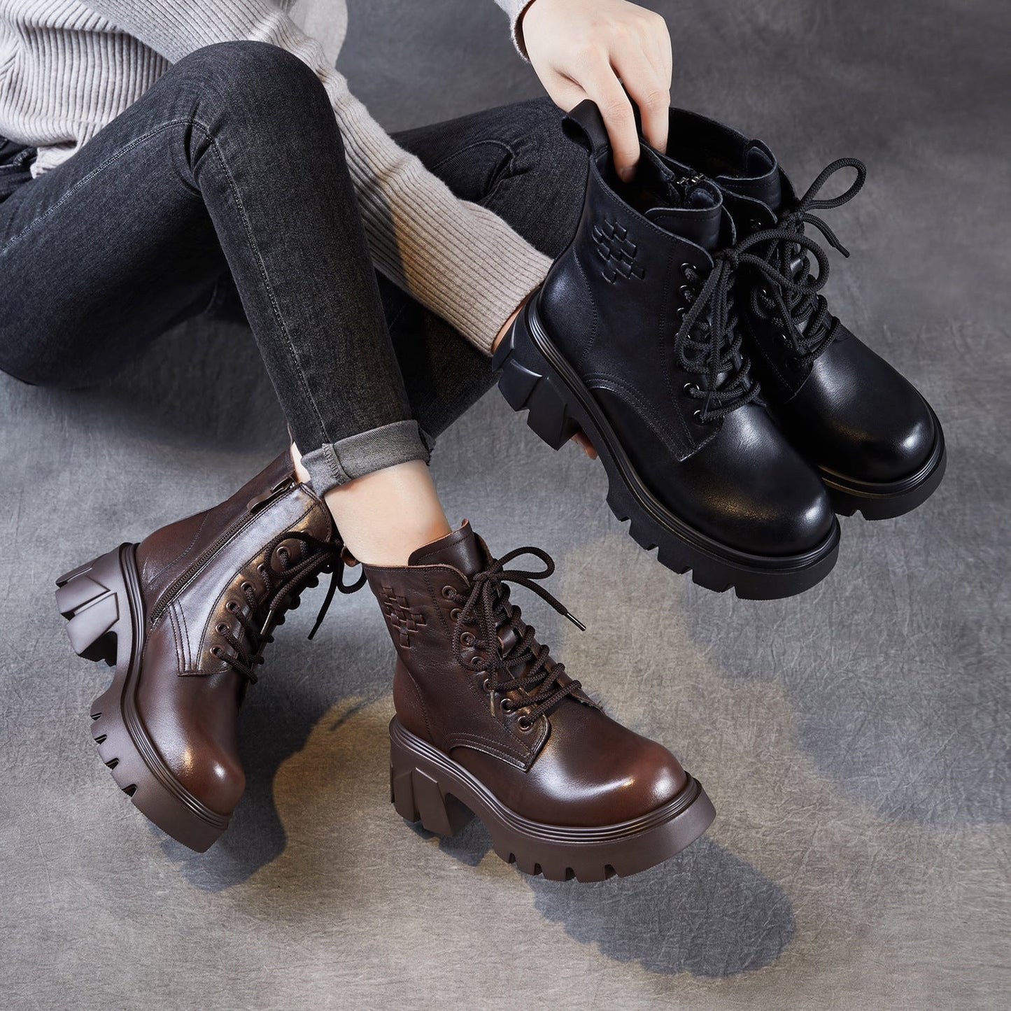 Women's Plain Embossed Leather Chunky Platform Boots