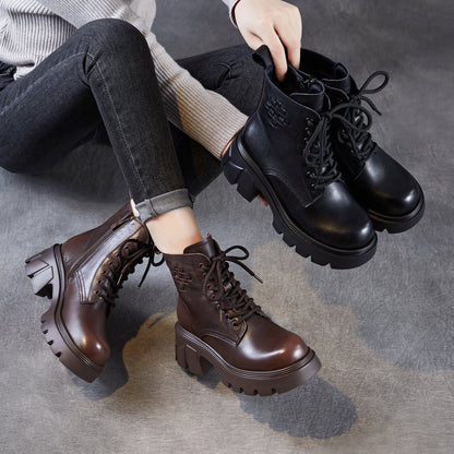 Women's Plain Embossed Leather Chunky Platform Boots