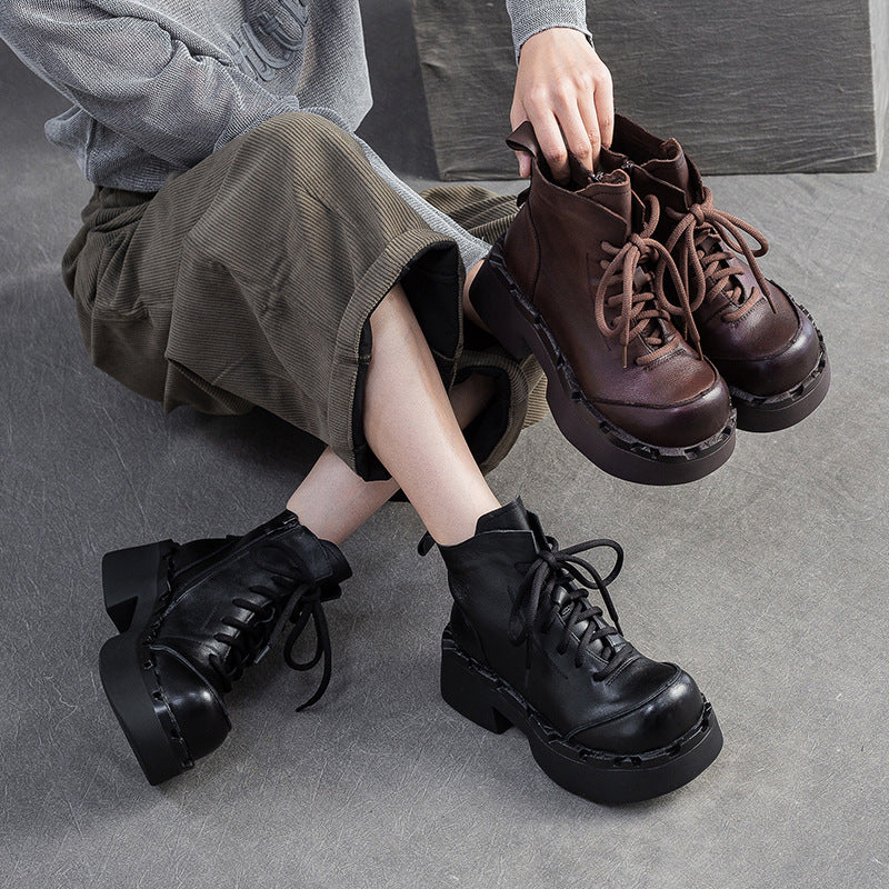Women's Retro Leather Chunky Platform Ankle Boots