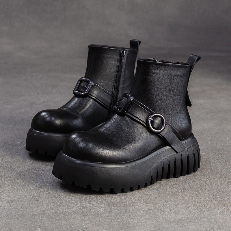 Women's Minimalist Plain Leather Ankle Platform Boots-RAIIFY