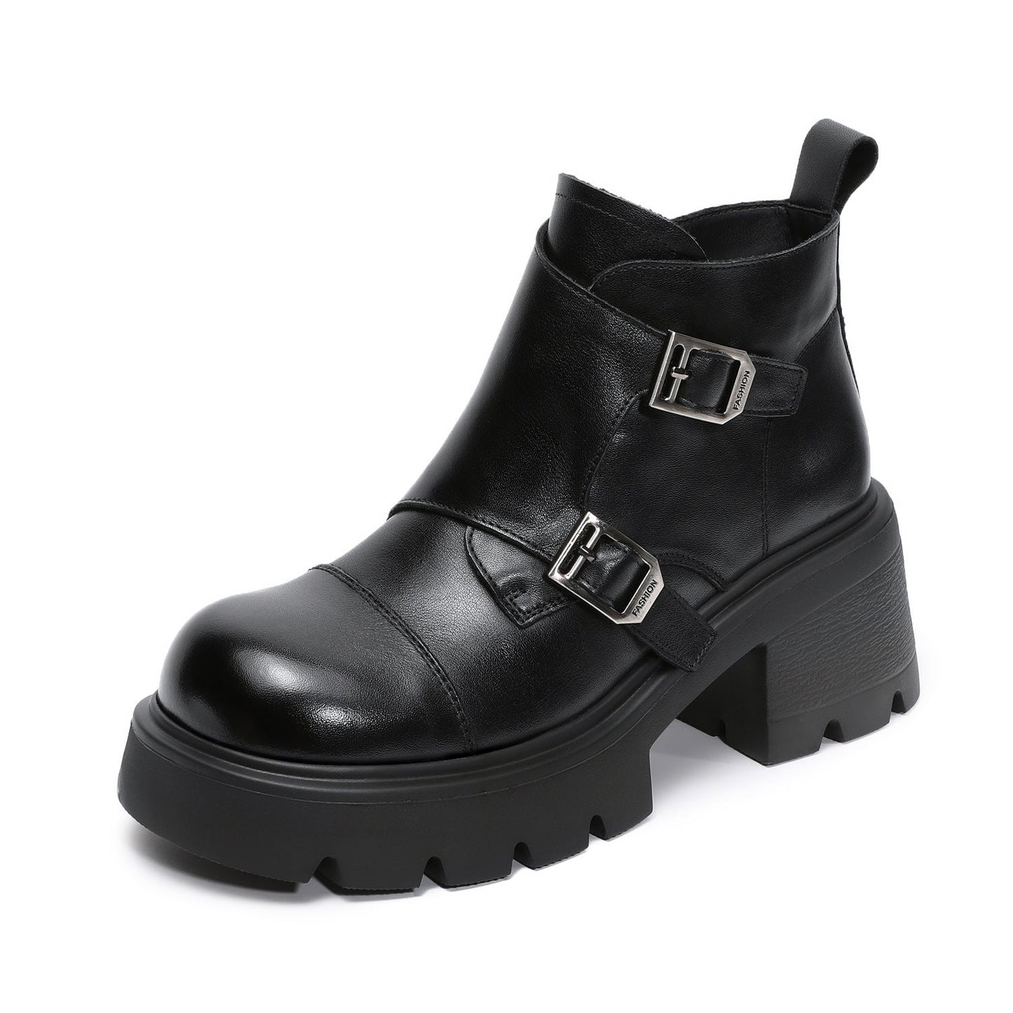 Women's Retro Leather Buckle Platform Ankle Boots-RAIIFY