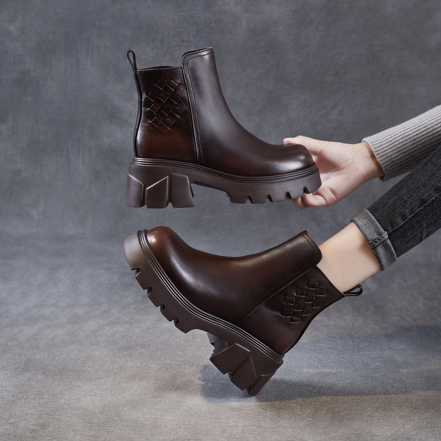 Women's Minimalist Woven Plain leather Platform Ankle Boots