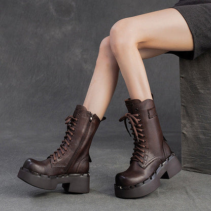 Women's Vintage Leather Platform Mid-Calf Boots
