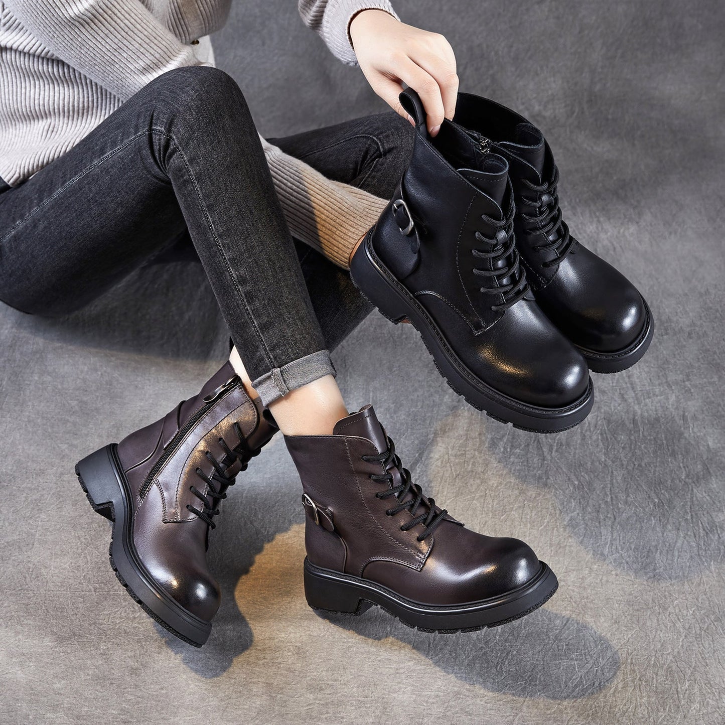 Women's Retro Plain Leather Buckle Ankle Boots