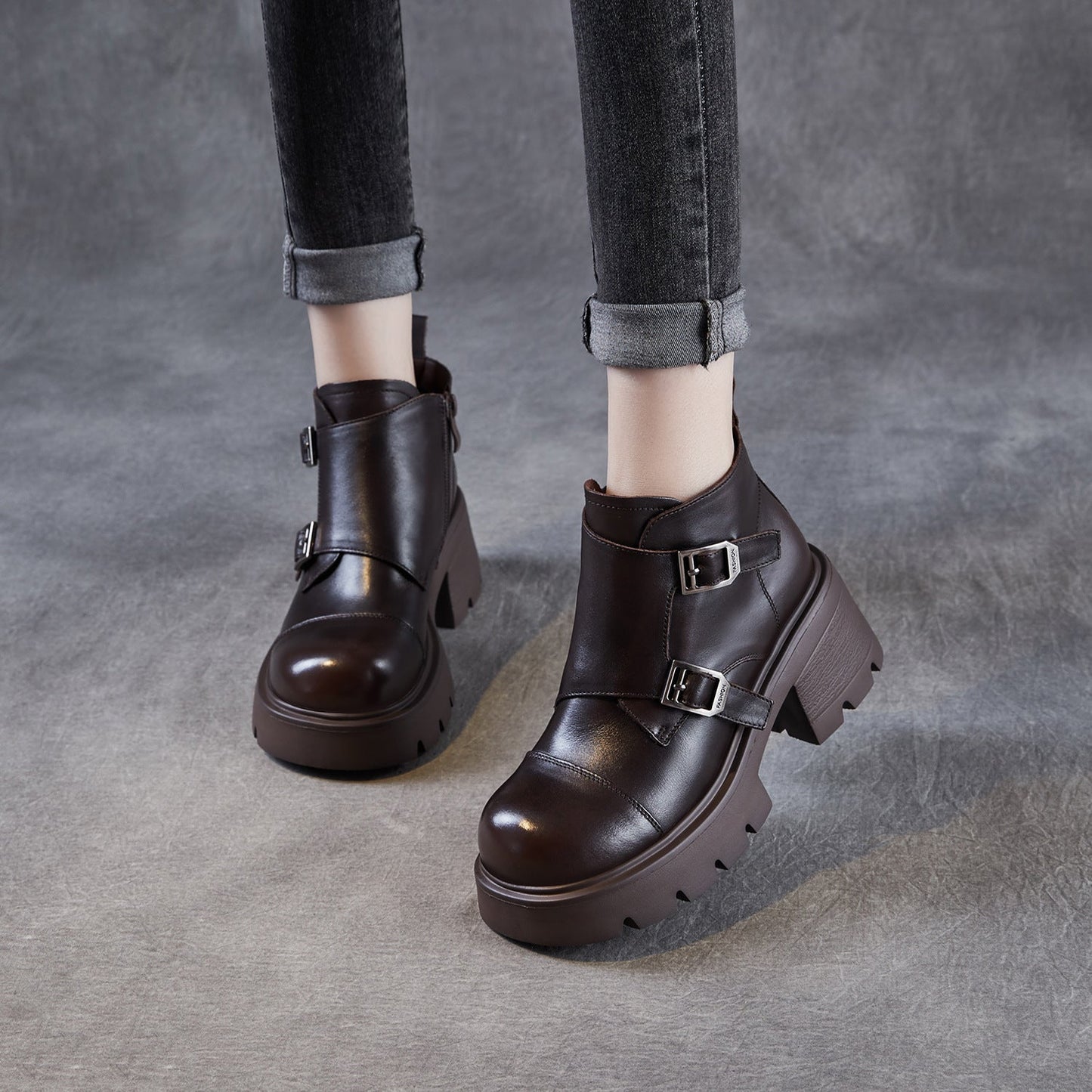 Women's Retro Leather Buckle Platform Ankle Boots