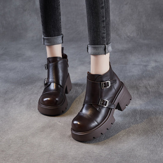 Women's Retro Leather Buckle Platform Ankle Boots