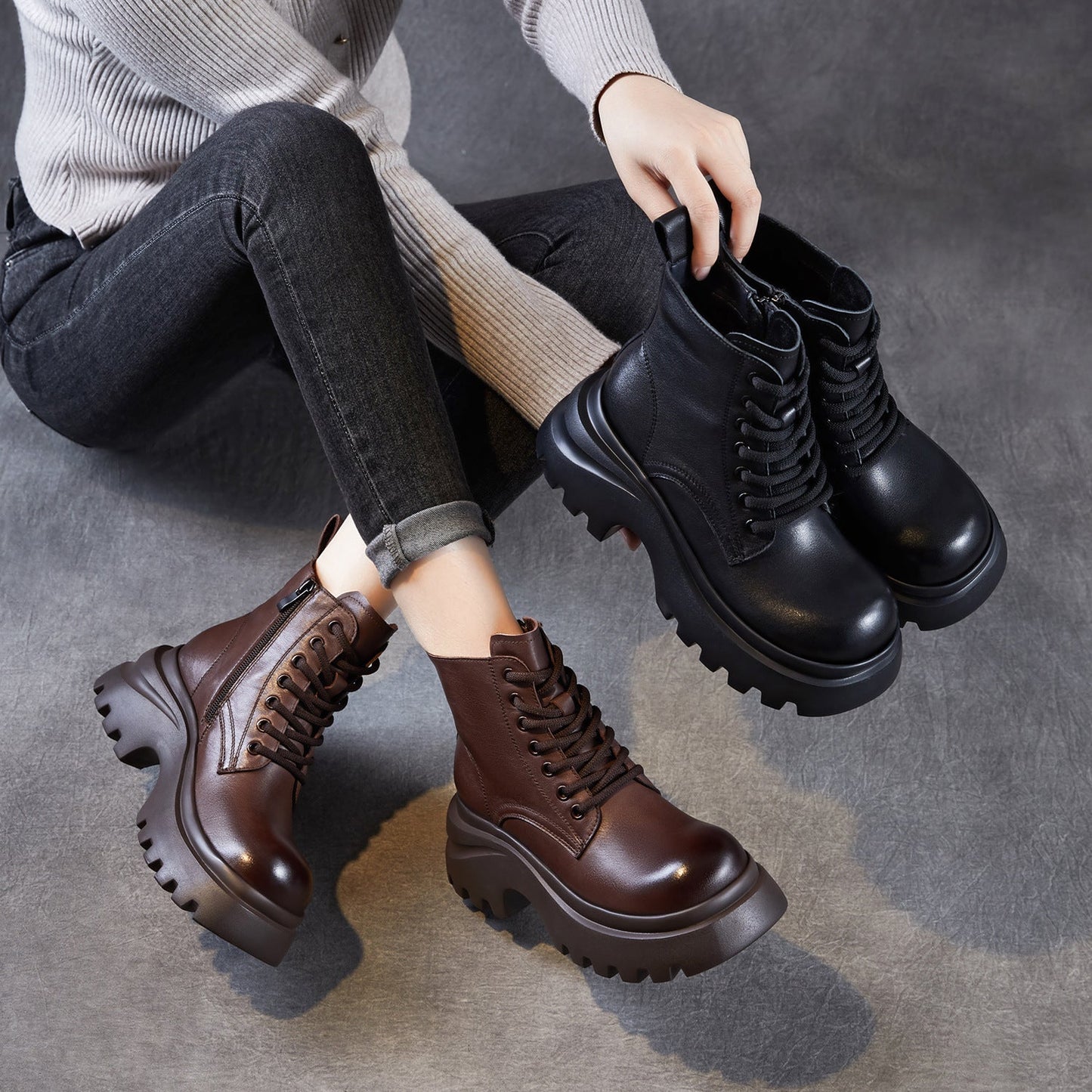 Women's Retro Plain Leather Chunky Platform Boots