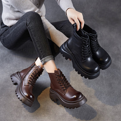 Women's Retro Plain Leather Chunky Platform Boots
