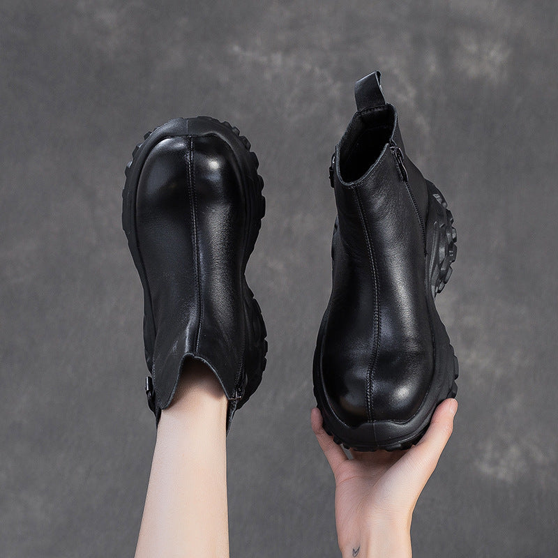 Women's Vintage Chunky-Sole Leather Ankle Boots