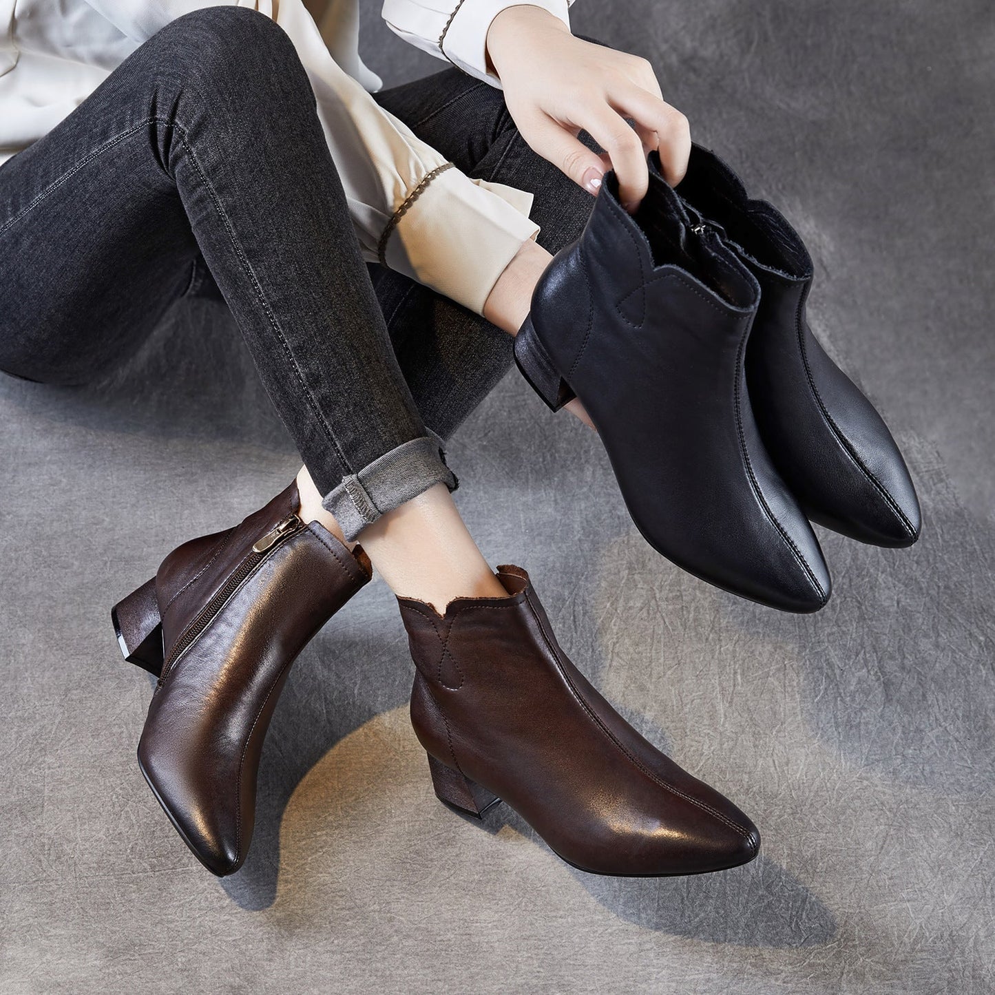 Women's Pointed-Toe Block-Heel Leather Ankle Boots