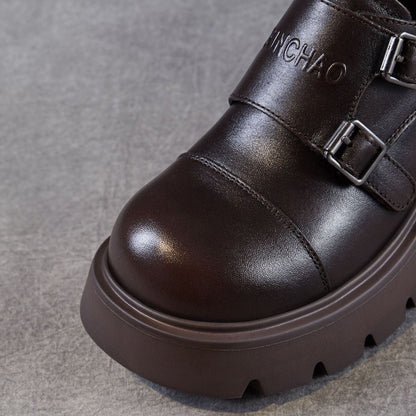 Women's Plain Leather Buckle Chunky Heel Loafers