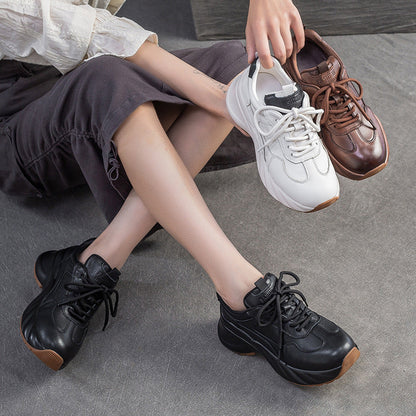 Women's Minimalism Plain Leather Platform Casual Sneakers