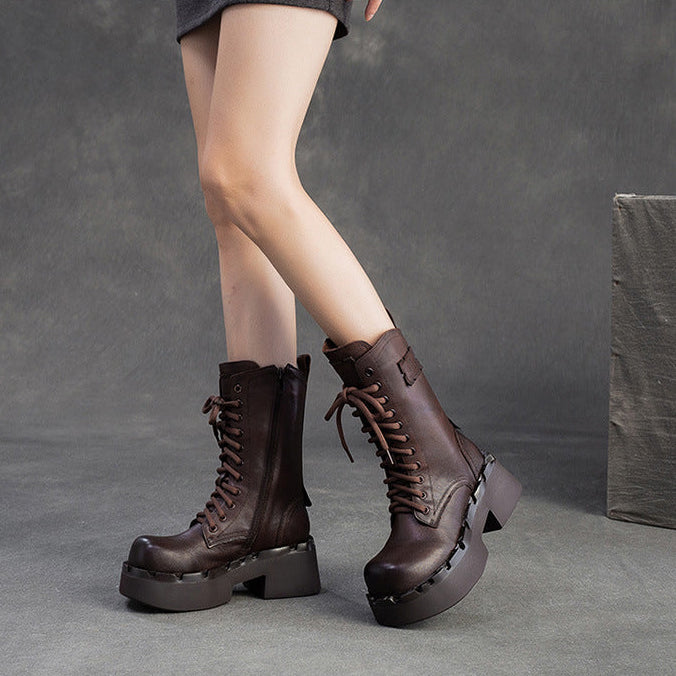 Women's Vintage Leather Platform Mid-Calf Boots