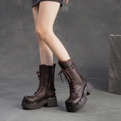 Women's Vintage Leather Platform Mid-Calf Boots