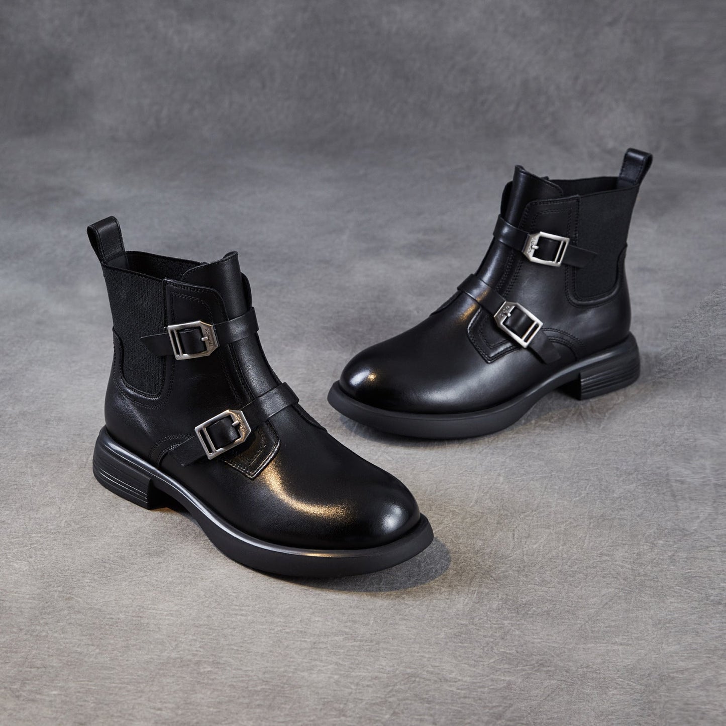 Women's Retro Buckle Leather Slip-on Ankle Boots