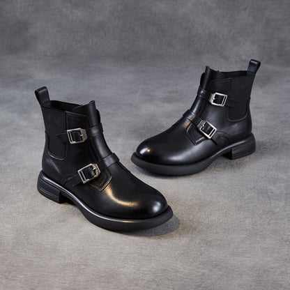 Women's Retro Buckle Leather Slip-on Ankle Boots