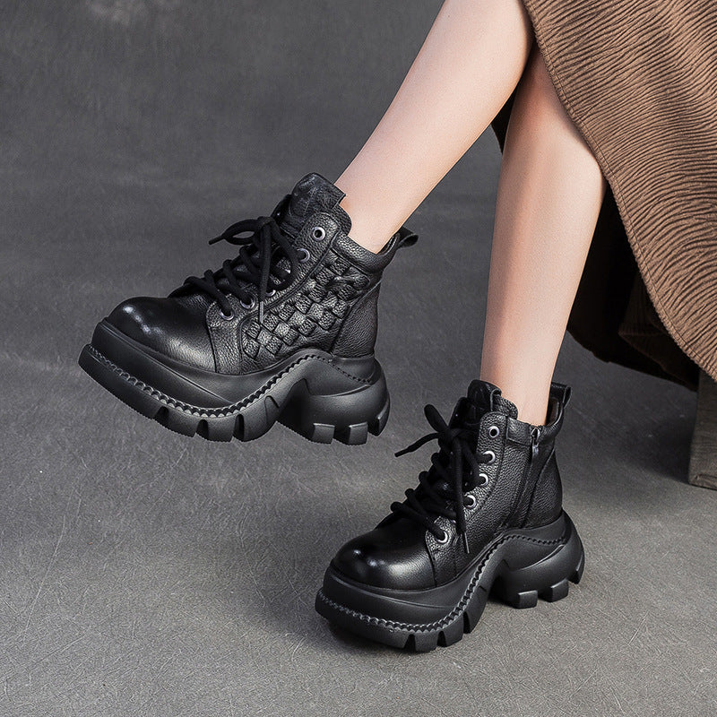 Women's Retro Woven Leather Comfort Platform Boots