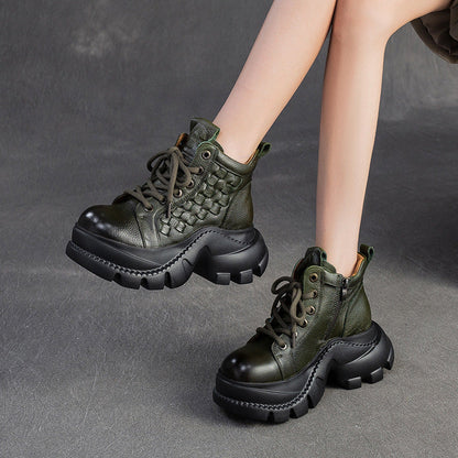 Women's Retro Woven Leather Comfort Platform Boots