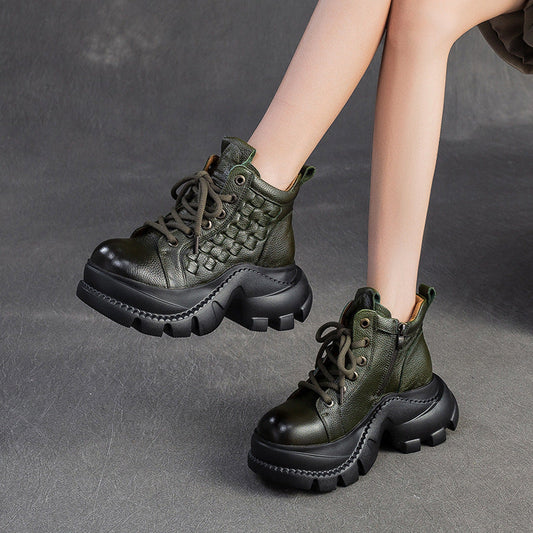 Women's Retro Woven Leather Comfort Platform Boots