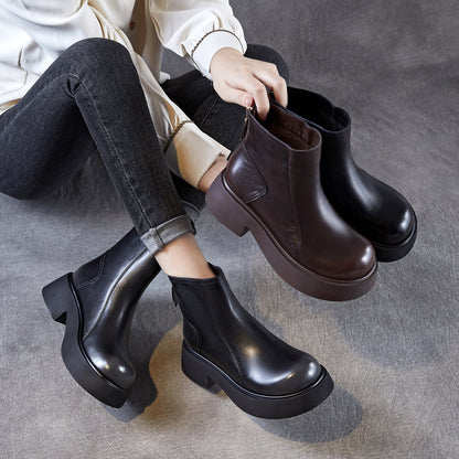 Women's Retro Plain Leather Ankle Platform Boots
