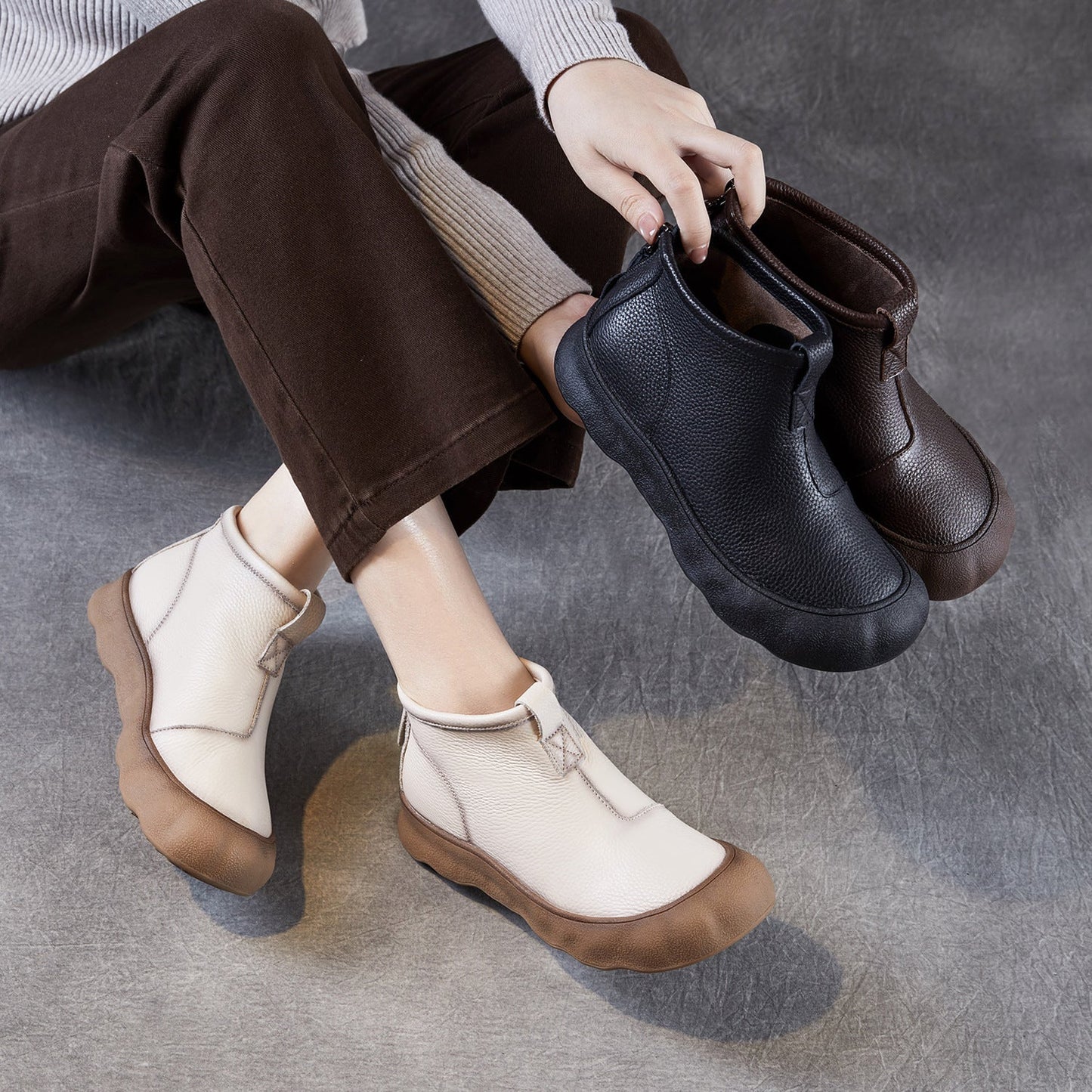 Women's Simple Plain Leather Flat Ankle Boots