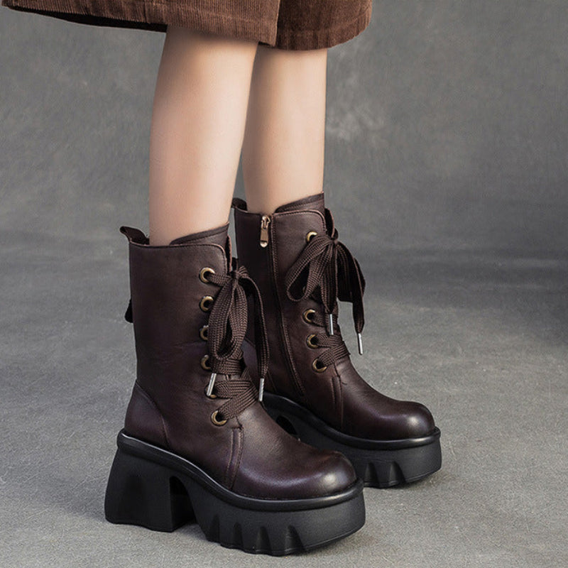 Women's Vintage Leather Chunky Platform Mid-Calf Boots