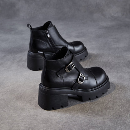 Women's Retro Leather Buckle Platform Ankle Boots