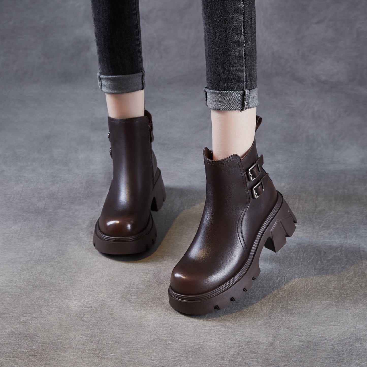 Women's Classic Plain Leather Buckle Platform Ankle Boots