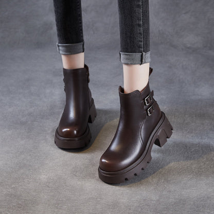 Women's Classic Plain Leather Buckle Platform Ankle Boots