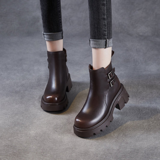 Women's Classic Plain Leather Buckle Platform Ankle Boots