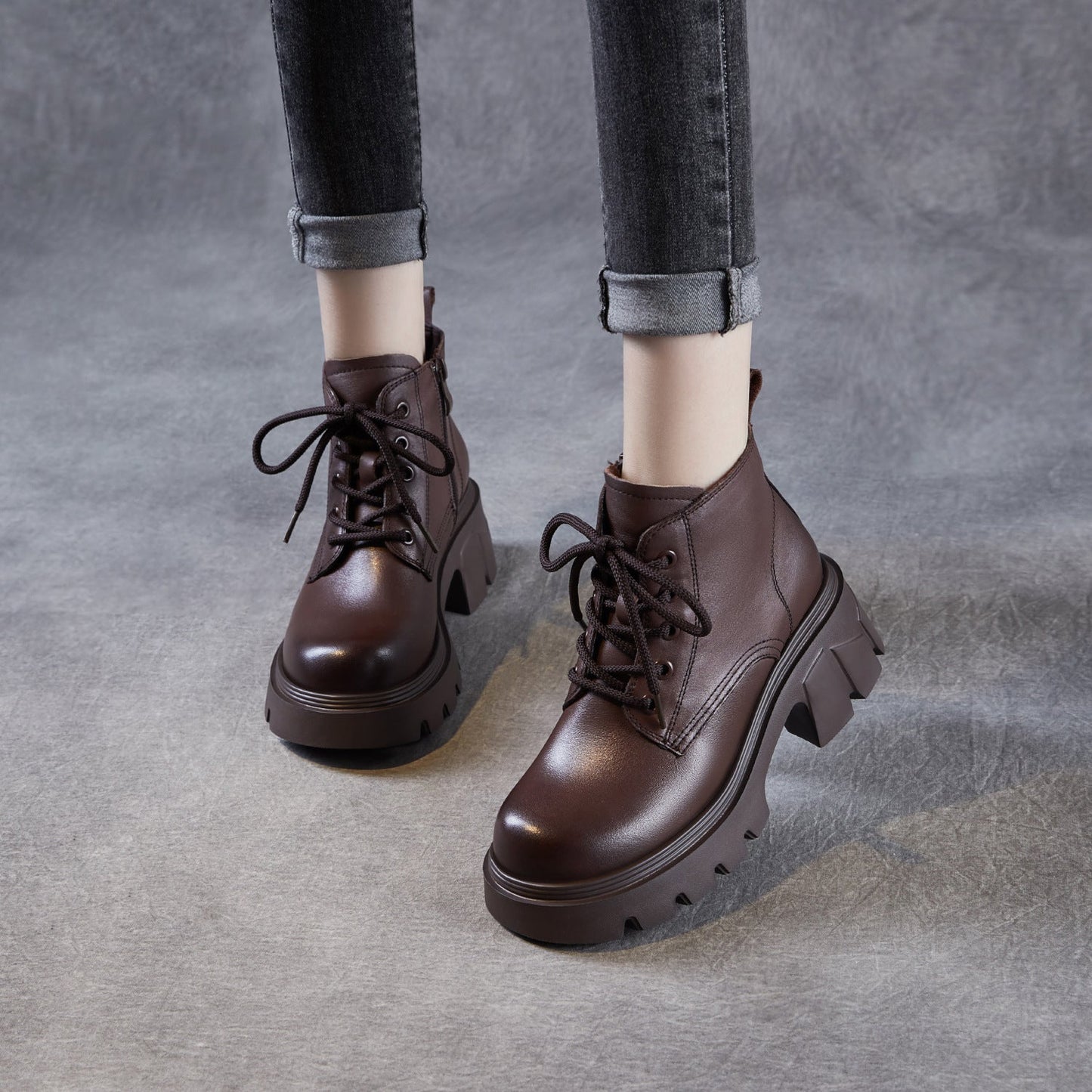 Women's Cowhide Leather Chunky Heel Ankle Boots