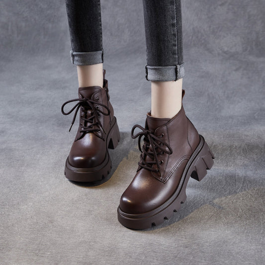 Women's Cowhide Leather Chunky Heel Ankle Boots