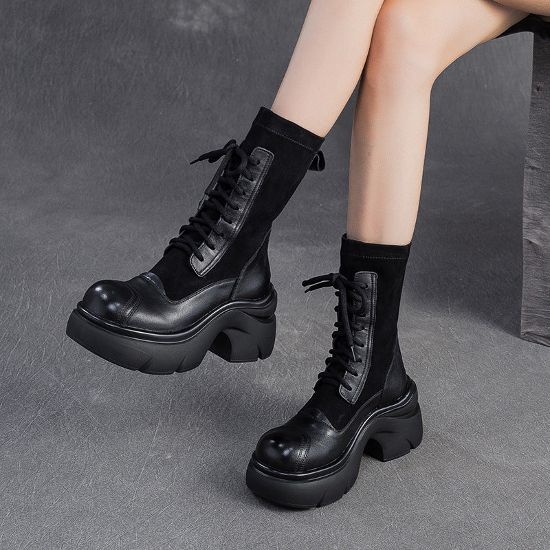 Women's Casual Leather Mid-Calf Platform Boots