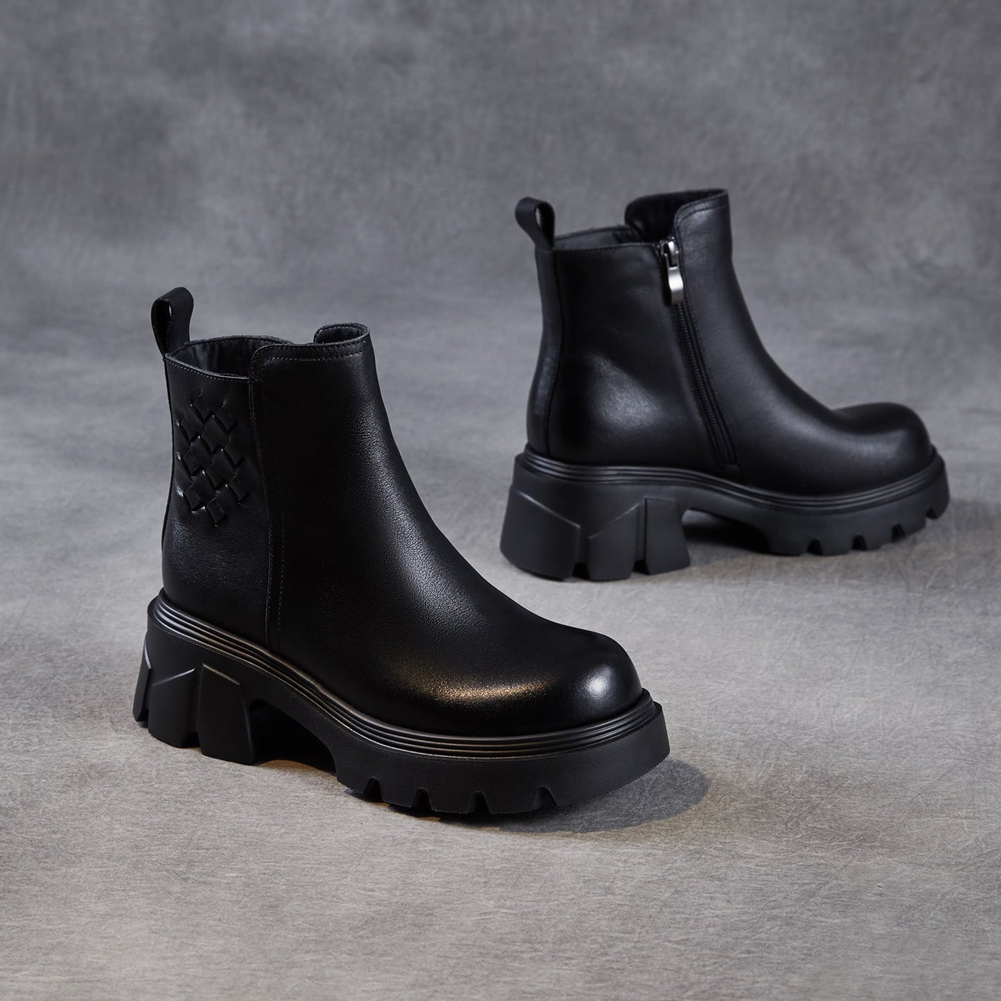 Women's Minimalist Woven Plain leather Platform Ankle Boots