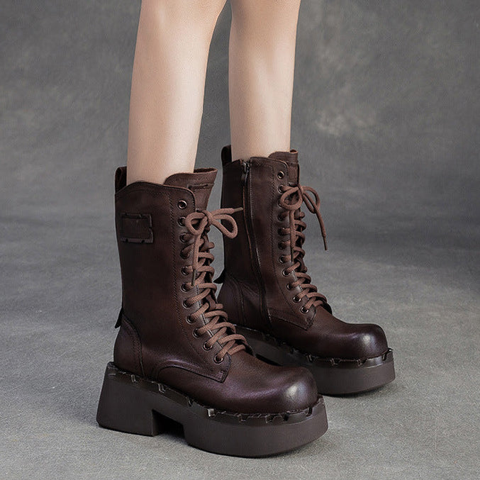 Women's Vintage Leather Platform Mid-Calf Boots