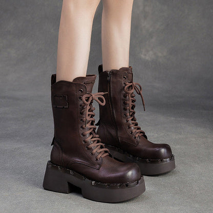 Women's Vintage Leather Platform Mid-Calf Boots