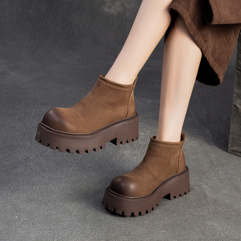 Women's Retro Plain Leather Chunky Platform Ankle Boots