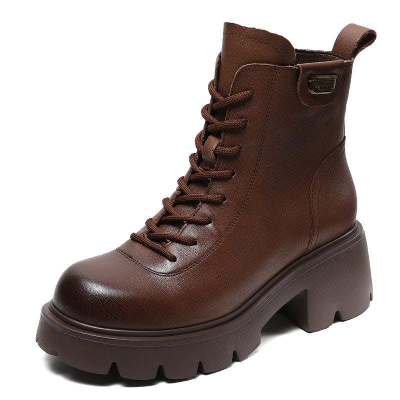 Women's Casual Plain Leather Platform Boots-RAIIFY