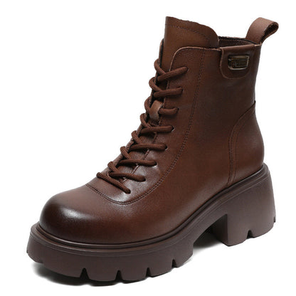 Women's Casual Plain Leather Platform Boots-RAIIFY