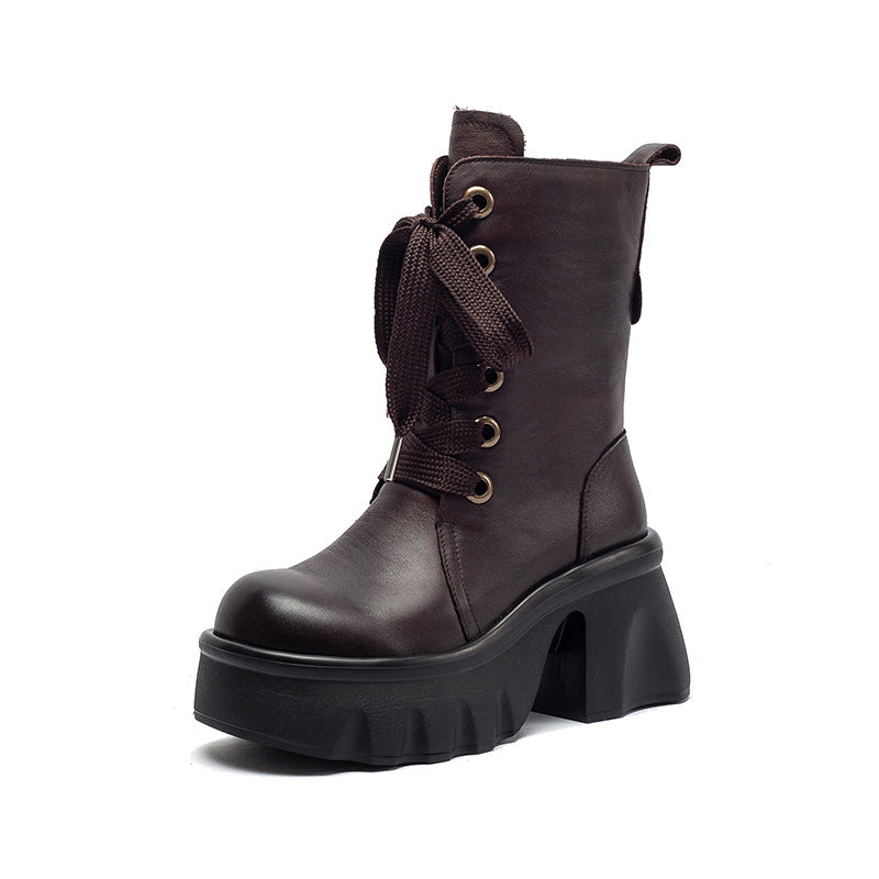 Women's Vintage Leather Chunky Platform Mid-Calf Boots
