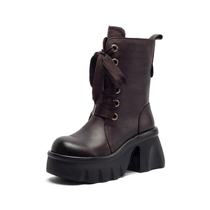 Women's Vintage Leather Chunky Platform Mid-Calf Boots