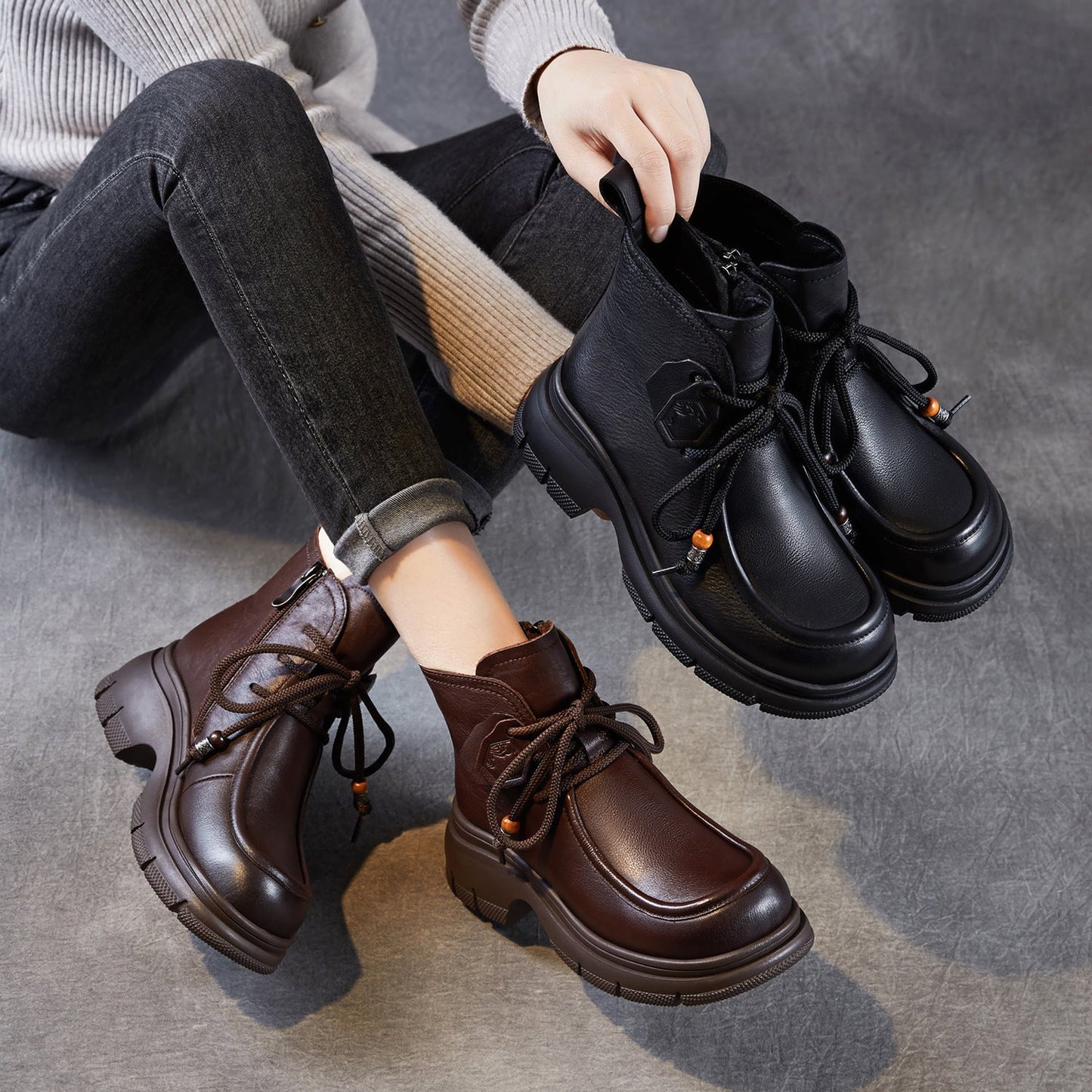 Women's Retro Leather Platform Casual Ankle Boots