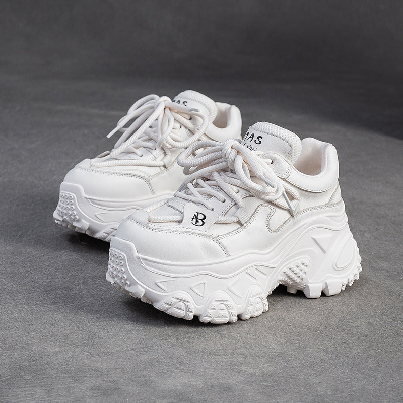 Women's Retro Plain Leather Chunky Platform Sneakers-RAIIFY